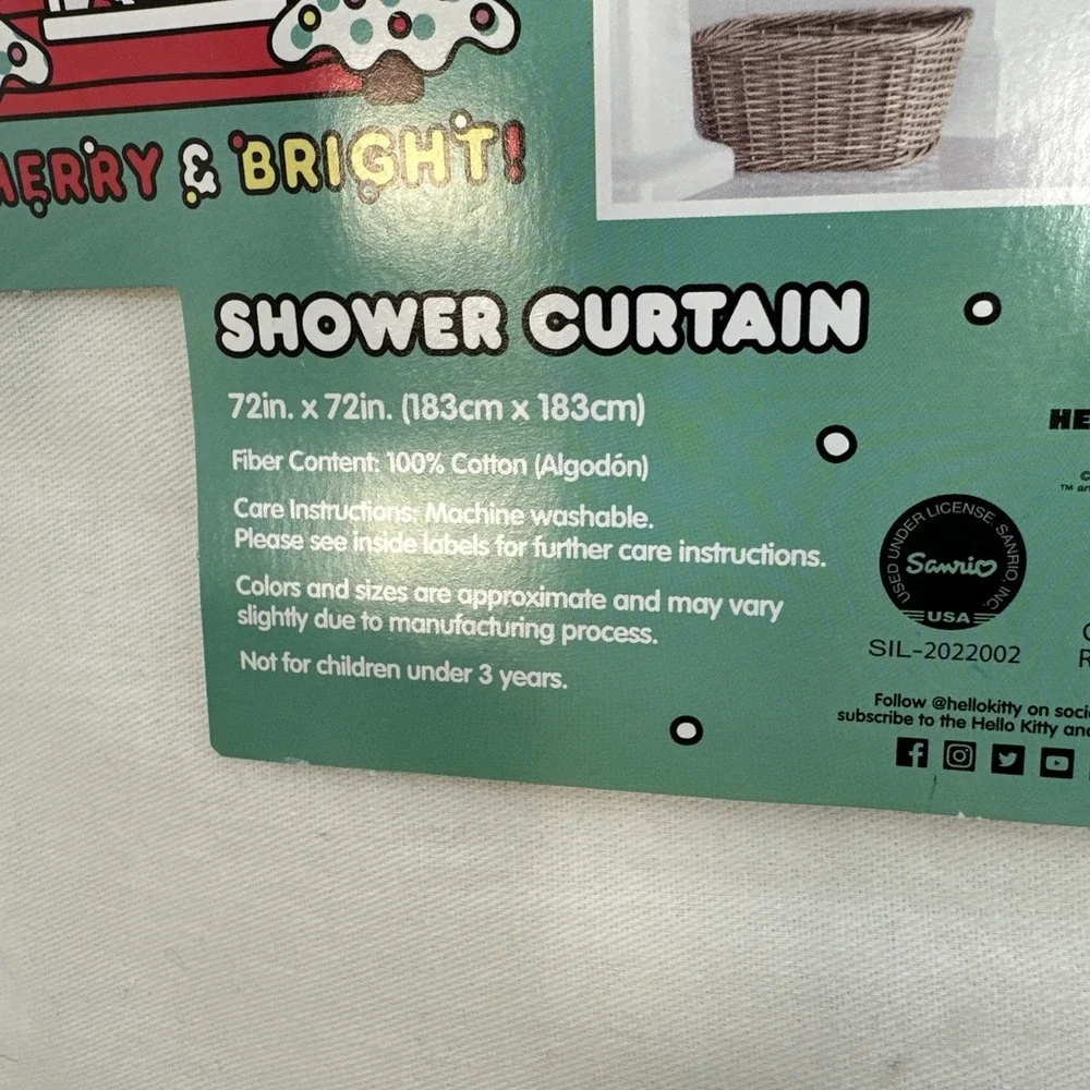 Hello Kitty Christmas Shower Curtain Sanrio Holiday Presents Festive White Red